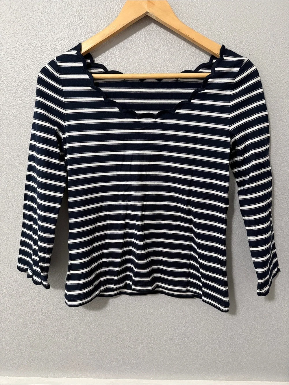kate spade Navy and White Scalloped-Trim Striped Long Sleeve Top NWOT
